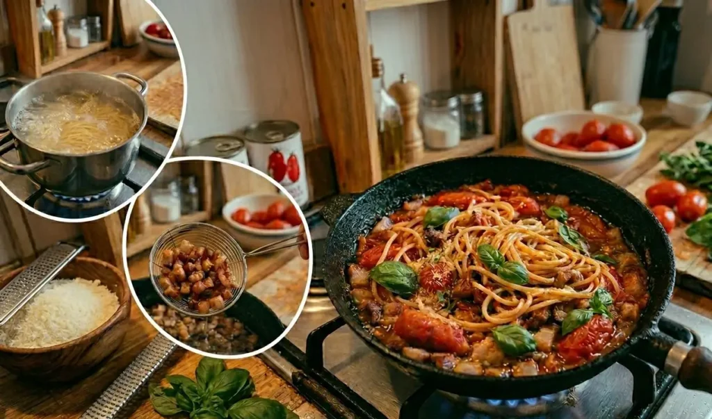 Passaggi-Preparazione-Pasta-Amatriciana Guida fotografica Amatriciana: bollitura della pasta, soffritto del guanciale croccante e mantecatura finale