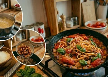 Guida fotografica Amatriciana: bollitura della pasta, soffritto del guanciale croccante e mantecatura finale