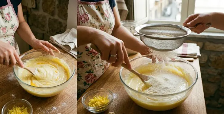 Facendovi aiutare da qualcuno, continuate a mescolare con una frusta dal basso verso l’alto, unite a poco a poco la farina e la fecola di patate setacciate. Unite anche il lievito, la vanillina e la scorza di limone grattugiata.