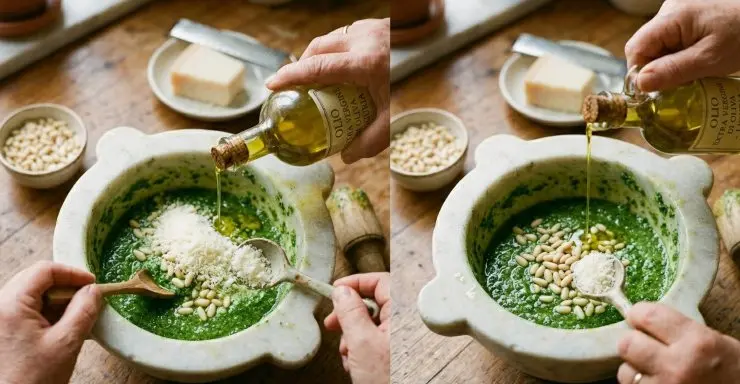 Una volta ottenuto un liquido verde brillante aggiungete i pinoli, il formaggio grattugiato e l’olio extravergine di oliva della regione Liguria o prodotto in regioni italiane contigue.