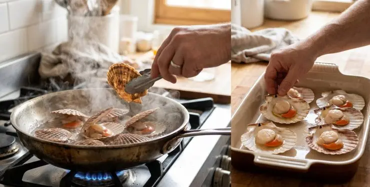 Mettetele in una padella con poca acqua tendendo la fiamma alta, in modo tale da farle aprire. Eliminate la conchiglia superiore e disponete le conchiglie con le capesante al loro interno in una pirofila.