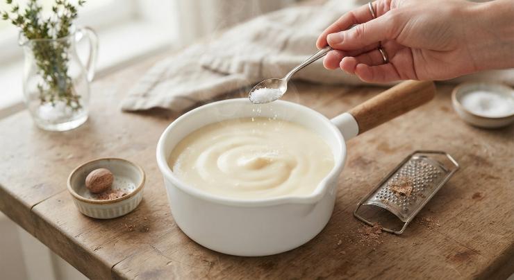 A fine cottura aggiungete il sale e la noce moscata. A questo punto la besciamella è pronta per essere utilizzata per la preparazione di numerose ricette oppure semplicemente per insaporire pietanze cotte al forno o bollite.
