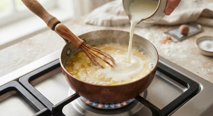 Una volta ottenuto un composto omogeneo aggiungete il latte senza mai smettere di mescolare. Fate cuocere a fuoco lento mescolando continuamente fino a quando la salsa non avrà raggiunto la densità desiderata. Se dovesse risultare tropppo densa basterà aggiungere del latte.