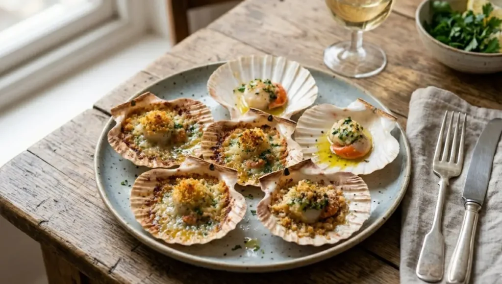 Un piatto di capesante gratinate al forno servite nelle loro conchiglie con crosticina dorata e prezzemolo fresco su un tavolo rustico di legno con un bicchiere di vino bianco.