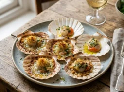 Un piatto di capesante gratinate al forno servite nelle loro conchiglie con crosticina dorata e prezzemolo fresco su un tavolo rustico di legno con un bicchiere di vino bianco.