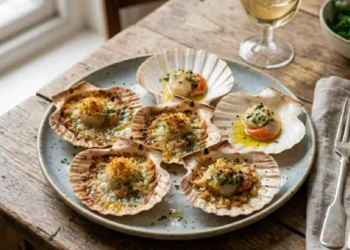 Un piatto di capesante gratinate al forno servite nelle loro conchiglie con crosticina dorata e prezzemolo fresco su un tavolo rustico di legno con un bicchiere di vino bianco.