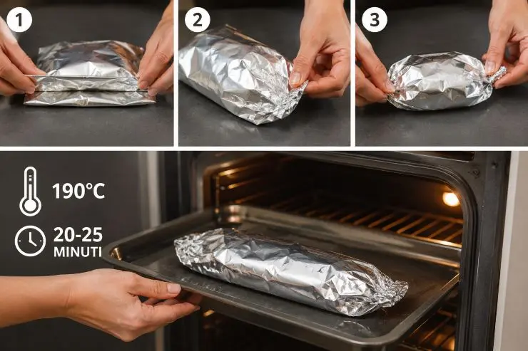 Chiudete bene il cartoccio, prima la parte frontale e poi le due parti laterali. Mettete il cartoccio in una teglia o su una placca da forno e cuocete in forno preriscaldato per circa 20-25 minuti a 190°C. Una volta trascorso il tempo necessario alla cottura sfornate il cartoccio e servitelo immediatamente. Può essere servito a scelta direttamente con l’involucro, che ciascun commensale aprirà nel proprio piatto, oppure senza il cartoccio.