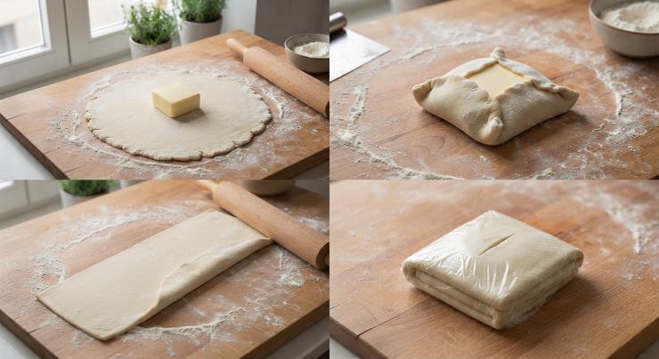 Riprendete il pastello e su una spianatoia infarinata ricavatene una sfoglia spessa circa un centimetro. Ponetevi al centro il panetto e ripiegate i lembi della sfoglia in modo tale da avvolgerlo completamente. Fate attenzione a chiudere bene i bordi. Con il matterello ricavate un rettangolo, prendete i due lati corti e ripiegateli verso il centro, dopodiché chiudete ancora il rettangolo a metà. Con un coltello incidete una tacchetta sul lato superiore della pasta e lasciatela riposare in frigorifero così ripiegata e avvolta nella pellicola da cucina per circa un’ora.
