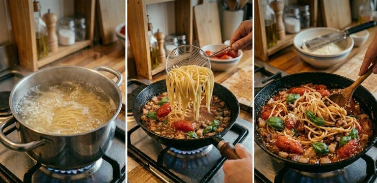 Nel frattempo cuocete la pasta in abbondante acqua salata. Scolatela al dente e versatela nel tegame in cui è stato preparato il sugo, mescolate bene e servite con abbondante pecorino grattugiato.
