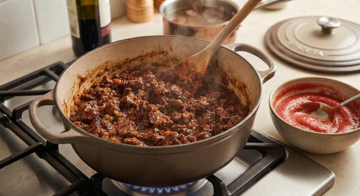 Aggiungete la carne macinata (la ricetta originale indica tra i tagli da utilizzare cartella, pancia, fesone di spalla o fusello), fatela rosolare bene, sfumate con il vino e unite la passata di pomodoro. Mescolate bene, chiudete il tegame con un coperchio e lasciate cuocere a fuoco basso per circa due ore, aggiungendo di tanto in tanto un cucchiaio di brodo quando il fondo tende a restringersi troppo.