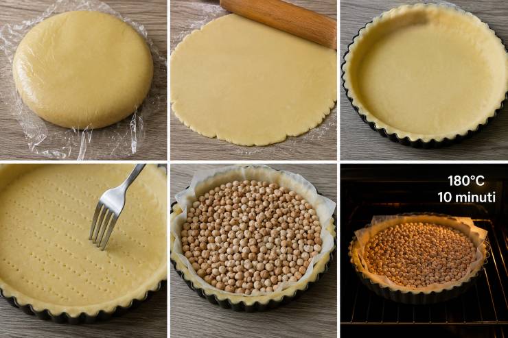 Preparate la pasta brisè, tirate una sfoglia alta mezzo centimetro e rivestite una tortiera. Potete utilizzare quella che normalmente si usa per la crostata. Bucherellate la superficie della pasta brisè con una forchetta, adagiatevi sopra un foglio di carta forno e coprite con dei legumi secchi. Fate cuocere a 180 °C per 10 minuti.