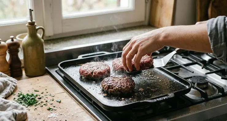 Mettere a cuocere gli hamburger in una padella o su una piastra, in entrambi i casi unte di olio. La cottura è una fase molto importante, il risultato deve essere un hamburger ben cotto all’esterno e rosato all’interno, quindi non troppo cotto ma neanche troppo al sangue.