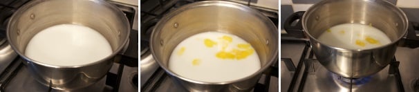 In un pentolino versate il latte, la vanillina e la scorza di limone. Ponete sul fuoco e portate ad ebollizione.