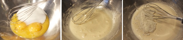 Nel frattempo in una casseruola montate a crema i tuorli con lo zucchero, aggiungete la farina e mescolate bene per evitare la formazione di grumi.