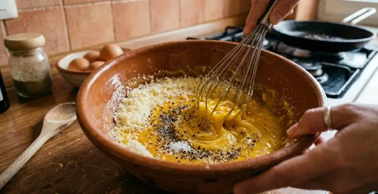 In un’ampia ciotola sbattete le uova, aggiungete il parmigiano e il pecorino grattugiati, un pizzico di sale, abbondante pepe e mescolate bene. Aggiungete anche il guanciale.