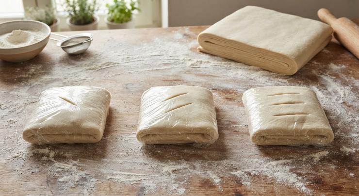 Ripetete l’operazione di stesura e piegatura almeno altre tre volte, lasciando sempre riposare la pasta in frigo per un’ora circa tra un passaggio e l’altro. Al termine di ogni piegatura ricordatevi di incidere la pasta con un numero di tacchette pari a quello delle piegature eseguite.