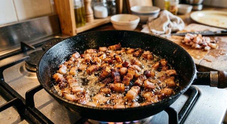 Tagliate il guanciale a dadini dopo aver eliminato la cotenna. Tritate la cipolla e mettetela a soffriggere in un tegame insieme all’olio. Aggiungete il guanciale, il peperoncino e fate soffriggere il tutto per qualche minuto.