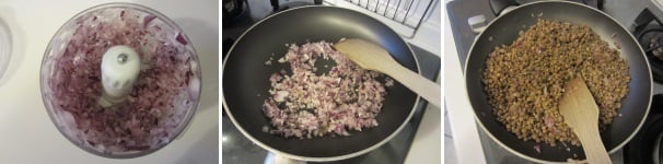 Tritate la cipolla e mettetela a rosolare in un cucchiaino di olio. Unite le lenticchie e fate insaporire per pochi minuti.