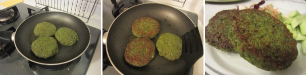 Cuocete gli hamburger in una padella antiaderente con un filo di olio fino a quando non avranno acquistato su entrambi i lati un colorito dorato. Una volta cotti serviteli su un letto di rucola oppure in un panino insieme ad una foglia di lattuga, una foglia di pomodoro, qualche anello di cipolla e una salsa a scelta.