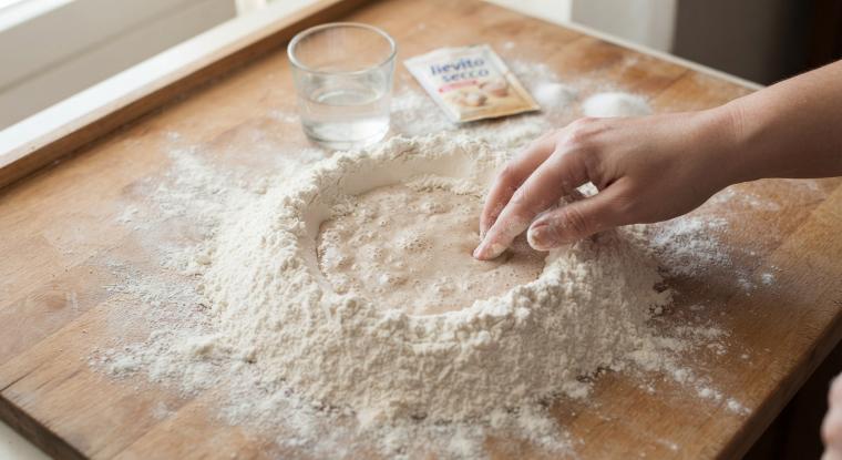Su una spianatoia ponete la farina a cui è stato mescolato il sale e lo zucchero. Se utilizzate il lievito in cubetti scioglietelo in mezzo bicchiere di acqua tiepida, lasciatelo riposare cinque minuti circa e poi aggiungetelo alla farina, iniziando ad impastare con la punta delle dita e aggiungendo a mano a mano altra acqua, sempre tiepida, fino ad ottenere un impasto omogeneo. Se utilizzate il lievito secco mescolatelo direttamente alla farina insieme al sale e allo zucchero e iniziate ad impastare aggiungendo a poco a poco l’acqua tiepida.