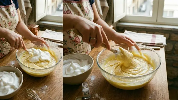 Montate a neve soda gli albumi dopo aver aggiunto il pizzico di sale e incorporateli a poco a poco al composto avendo cura di non farlo smontare.