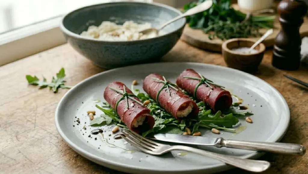 Involtini di bresaola, ricotta e rucola impiattati Tre involtini di bresaola ripieni di ricotta e rucola, impiattati elegantemente su un piatto grigio con granella di pistacchio e glassa di balsamico.