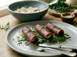 Involtini di bresaola, ricotta e rucola impiattati Tre involtini di bresaola ripieni di ricotta e rucola, impiattati elegantemente su un piatto grigio con granella di pistacchio e glassa di balsamico.