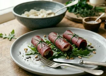 Tre involtini di bresaola ripieni di ricotta e rucola, impiattati elegantemente su un piatto grigio con granella di pistacchio e glassa di balsamico.