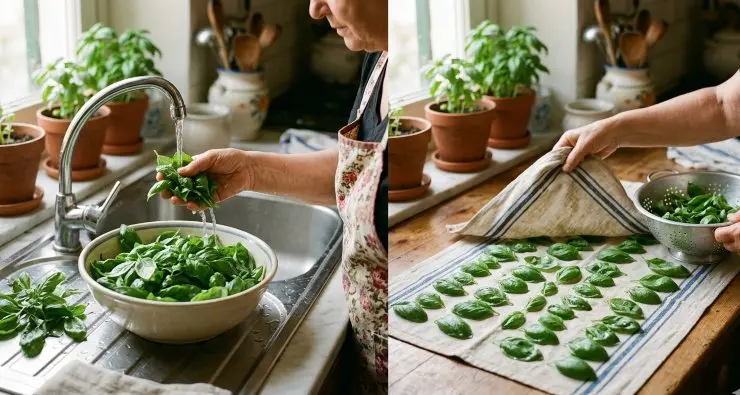 Lavate in acqua fredda le foglie di basilico genovese e mettetele ad asciugare su un canovaccio.