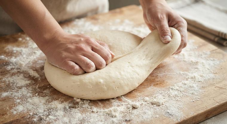 Una volta ottenuto un impasto omogeneo occorre lavorarlo per almeno 15-20 minuti. La lavorazione dell’impasto è una fase fondamentale della preparazione del pane, bisogna utilizzare il palmo delle mani in modo tale da incorporare quanta più aria è possibile e manipolare, comprimere e battere, distendendo e ripiegando più volte la pasta su se stessa.