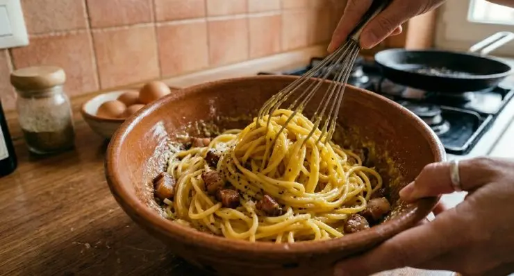 Scolate gli spaghetti, versateli nella ciotola e mescolate con cura. Servite subito gli spaghetti accompagnati da una spolverata di pecorino grattugiato.