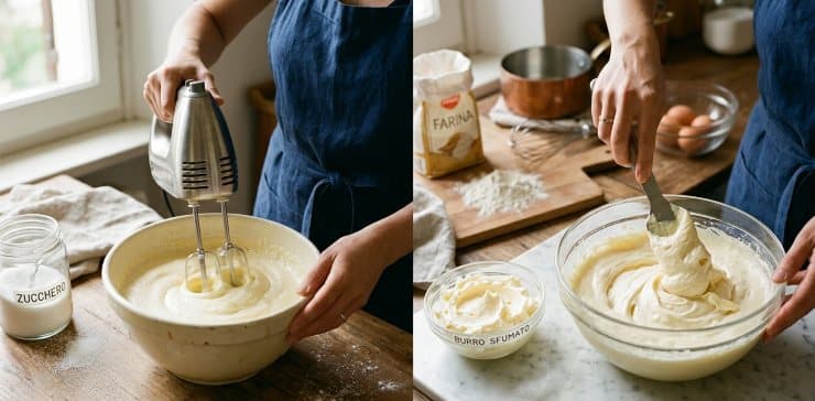 Montate a crema le uova con lo zucchero. Lavorate a spuma il burro e mescolatelo con delicatezza al composto di uova e zucchero.