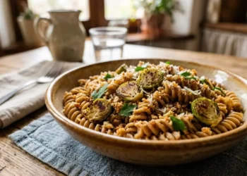 Piatto di fusilli di pasta integrale con cavoletti di Bruxelles dorati in padella e pangrattato tostato