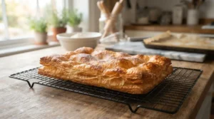 Pasta sfoglia fatta in casa appena sfornata, dorata e croccante con strati visibili su una griglia di raffreddamento