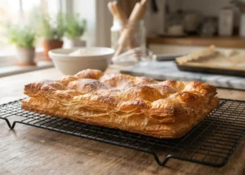 Pasta sfoglia fatta in casa appena sfornata, dorata e croccante con strati visibili su una griglia di raffreddamento