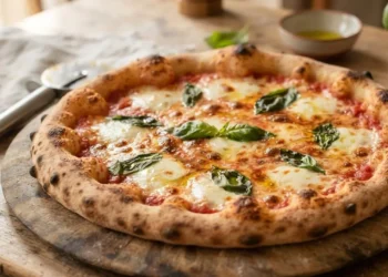 Pizza margherita fatta in casa soffice e filante su tagliere in legno