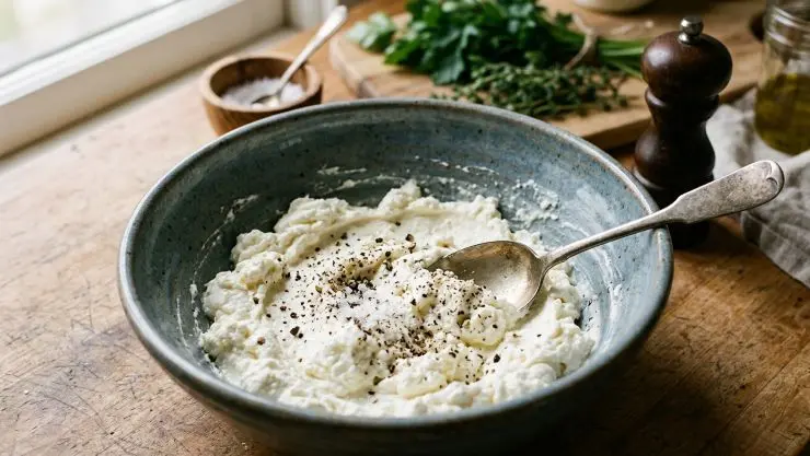 Lavorate la robiola con l’aiuto di un cucchiaio di legno, aggiungete il sale e il pepe secondo i vostri gusti e mescolate bene.