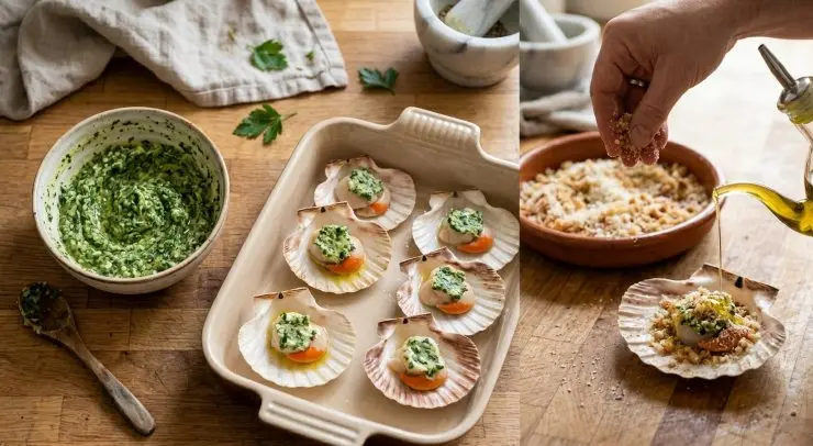 Preparate un composto con il burro ammorbidito, il prezzemolo e l’aglio tritati finemente, il sale e il pepe. Distribuite il composto sopra i molluschi, spolverate con il pangrattato mescolato al formaggio grattugiato e ultimate con un filo di olio.