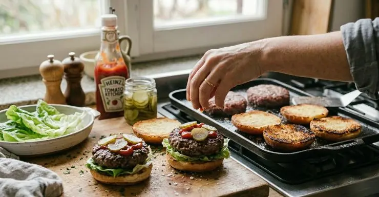 Una volta che gli hamburger sono cotti al punto giusto, tagliate a metà i panini, metteteli su una piastra facendoli poggiare con il lato interno e fateli abbrustolire per pochi minuti. Adagiate sulla parte inferiore del panino una foglia di lattuga, l’hamburger, un cucchiaio di ketchup e eventualmente un paio di fette di cetriolo tagliate sottilissime. Servite l’hamburger accompagnato da patatine fritte.