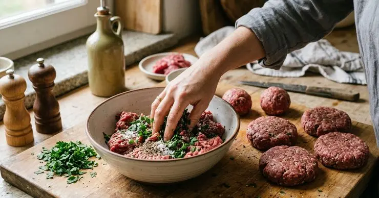 Mettete la carne macinata in una ciotola e aggiungete il prezzemolo, il sale e il pepe. Mescolate bene, formate 4 grosse polpette e schiacciatele in modo tale da conferire alla carne la classica forma dell’hamburger.