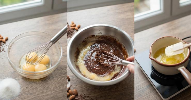 Dividete i tuorli dagli albumi e montate a crema i tuorli con lo zucchero. Aggiungete il composto di cioccolato e mandorle e mescolate bene. Sciogliete il burro e amalgamatelo all’impasto.