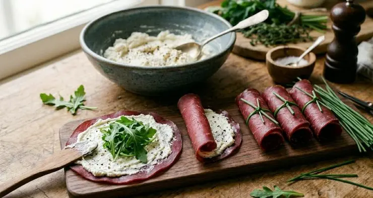 Stendete il composto così ottenuto sulle fette di bresaola, adagiatevi sopra qualche foglia di rucola e arrotolate. Fermate il tutto con un filo di erba cipollina legato come se fosse uno spago.