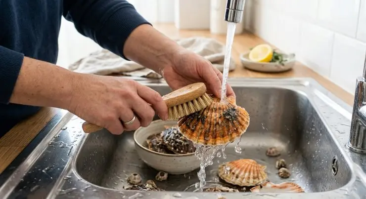 Lavate bene le capesante sotto acqua corrente e spazzolatele per eliminare le impurità dalla conchiglia.
