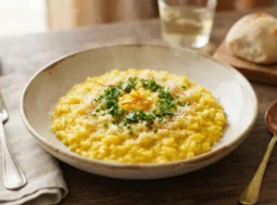 Risotto alla Milanese tradizionale pronto per essere servito Piatto fondo con risotto alla milanese allo zafferano fumante, guarnito con Parmigiano e fili di zafferano, pronto da servire.