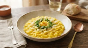 Piatto fondo con risotto alla milanese allo zafferano fumante, guarnito con Parmigiano e fili di zafferano, pronto da servire.