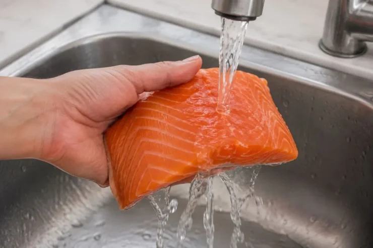 Prendete il filetto di salmone e lavatelo passandolo per qualche istante sotto l’acqua corrente del rubinetto.