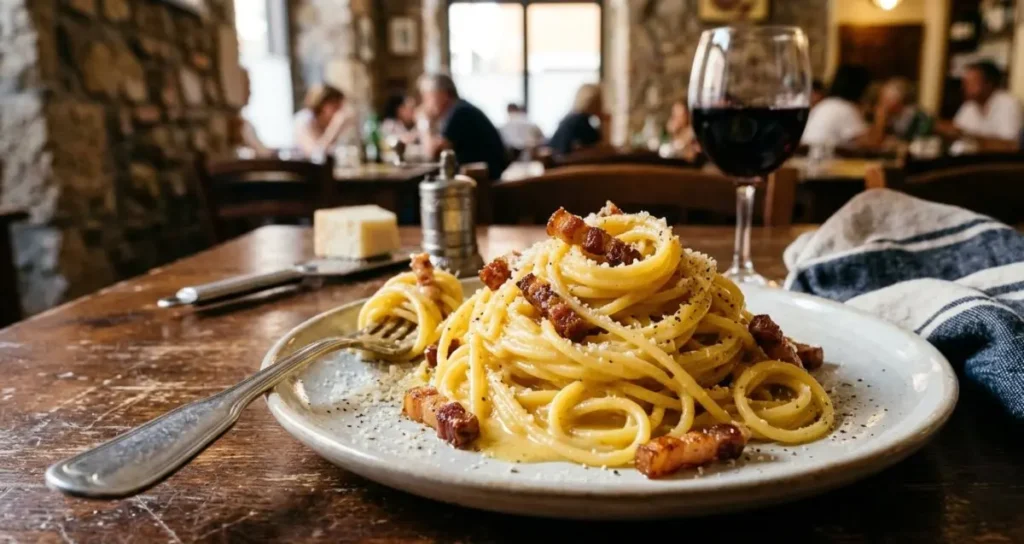 Piatto di spaghetti alla carbonara cremosa con guanciale croccante e pecorino in una trattoria romana.