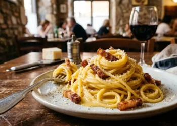 Piatto di spaghetti alla carbonara cremosa con guanciale croccante e pecorino in una trattoria romana.