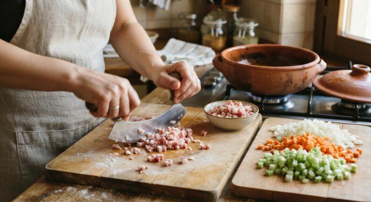 Tagliate la pancetta prima a dadini e poi tritatela con una mezzaluna. Tritate la cipolla, la carota e la costa di sedano. Fate sciogliere la pancetta in un tegame (possibilmente di terracotta o di alluminio spesso 20 cm circa), dopodiché unite l’olio, la cipolla, la carota e il sedano.