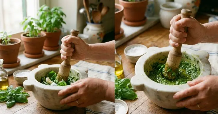 Prendete il mortaio e mettete dentro uno spicchio di aglio (deve essere dolce), poche foglie di basilico e il sale grosso. Iniziate a pestare il tutto con un movimento dolce e rotatorio: il segreto sta nel ruotare il pestello in modo tale da stracciare e non tranciare le foglie di basilico. Aggiungete a mano a mano le altre foglie di basilico e, arrivati a circa 30 foglie, anche il secondo spicchio di aglio.
